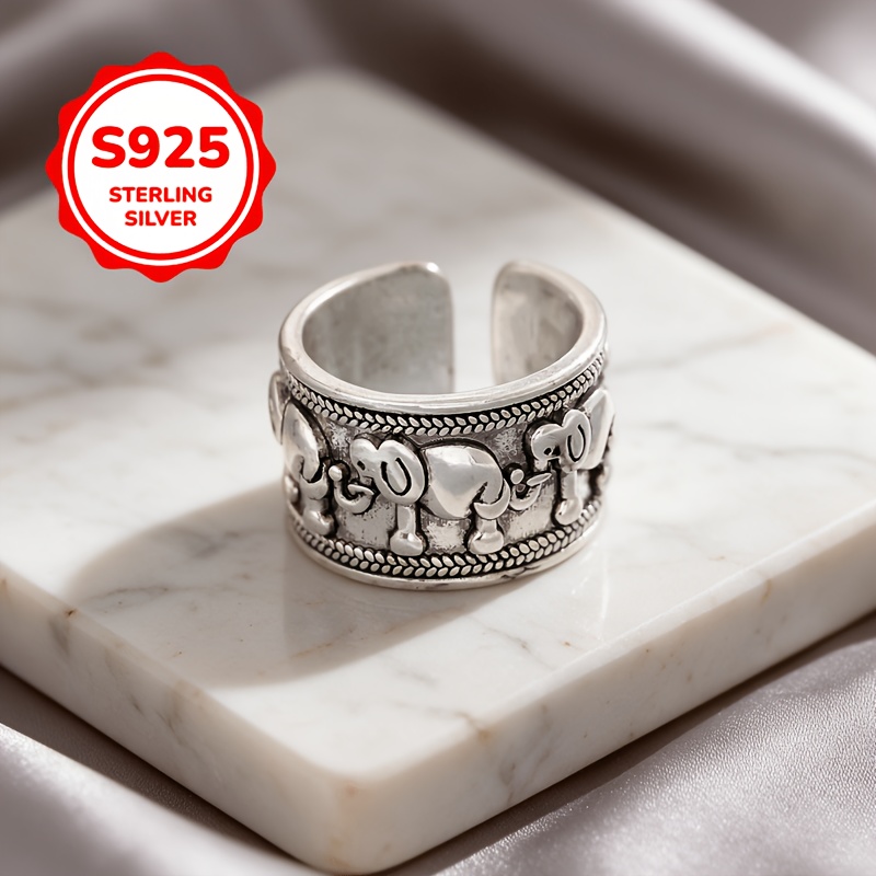 Women's 925 Silver Distressed Elephant Ring, Adjustable Design